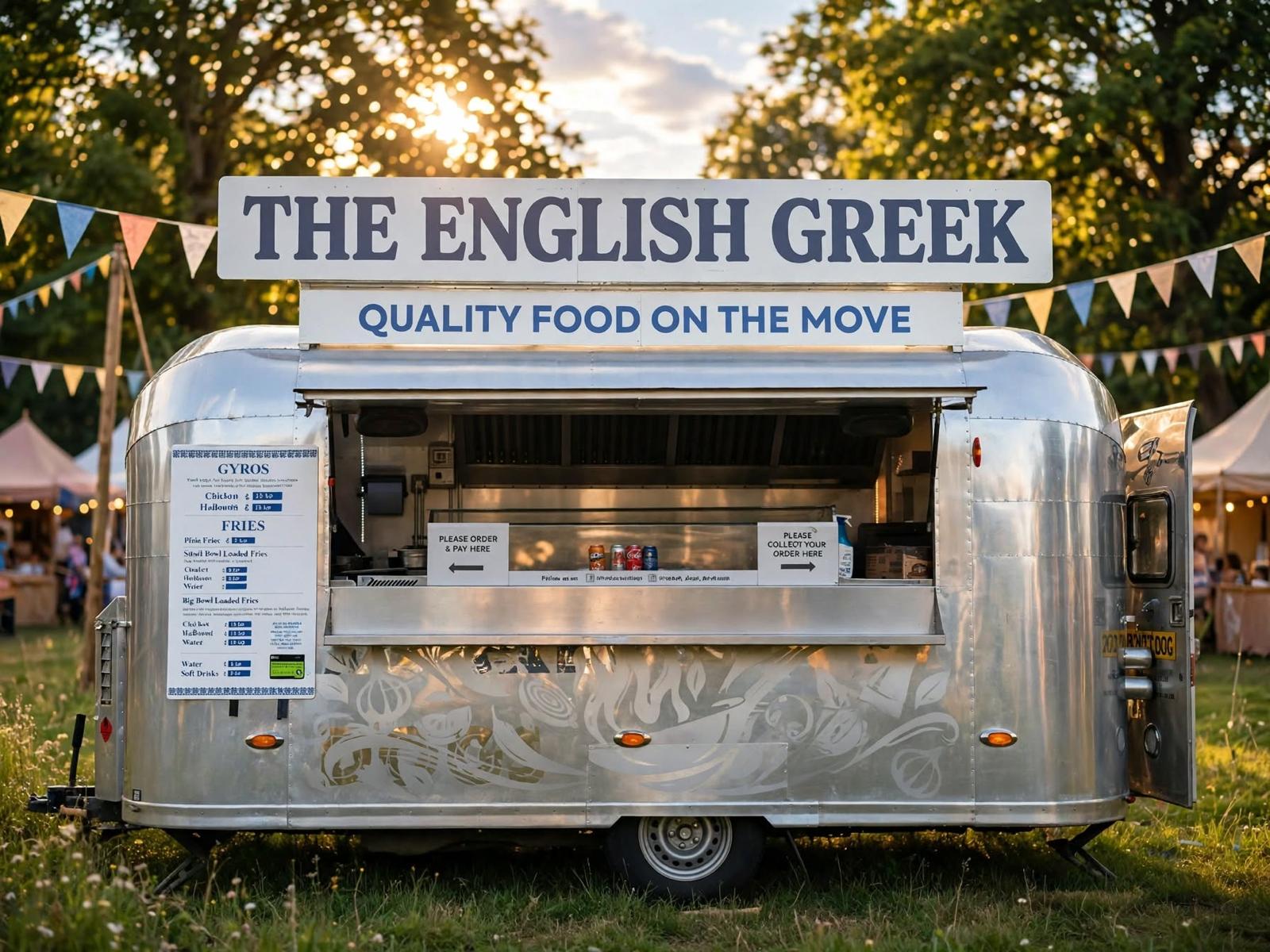 The English Greek Airstream trailer serving window at a festival, with a menu board and string lights at sunset.